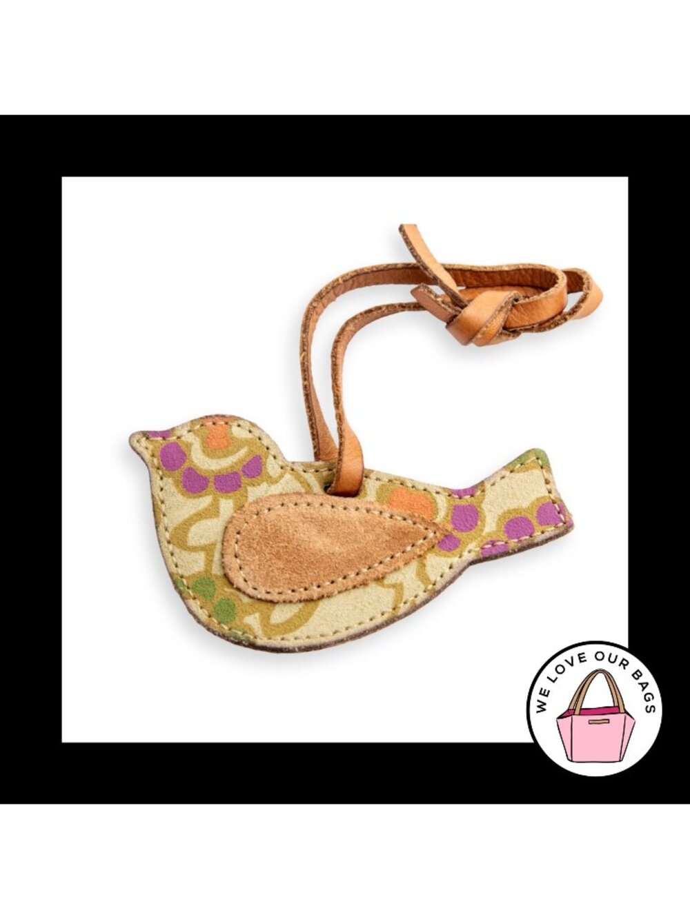 FOSSIL BIRD Brown Suede & Leather Loop Strap Bag Charm Hang Tag Keychain Fob